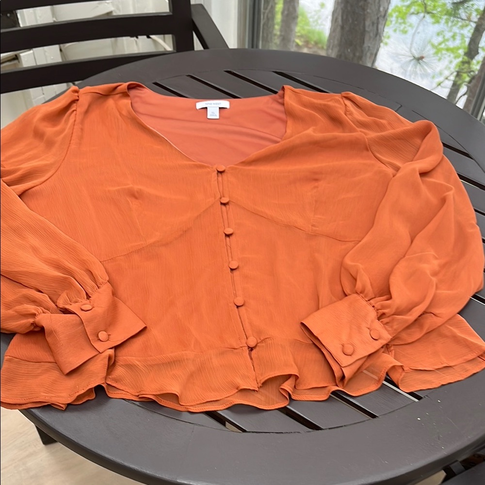 Nine West Orange Ruffled Long Sleeve Blouse